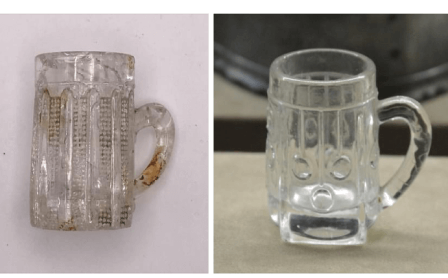 Two photos of small glasses with handles shown side-by-side. The glass found at the site of the Warsaw Ghetto excavation shows signs of discoloration.